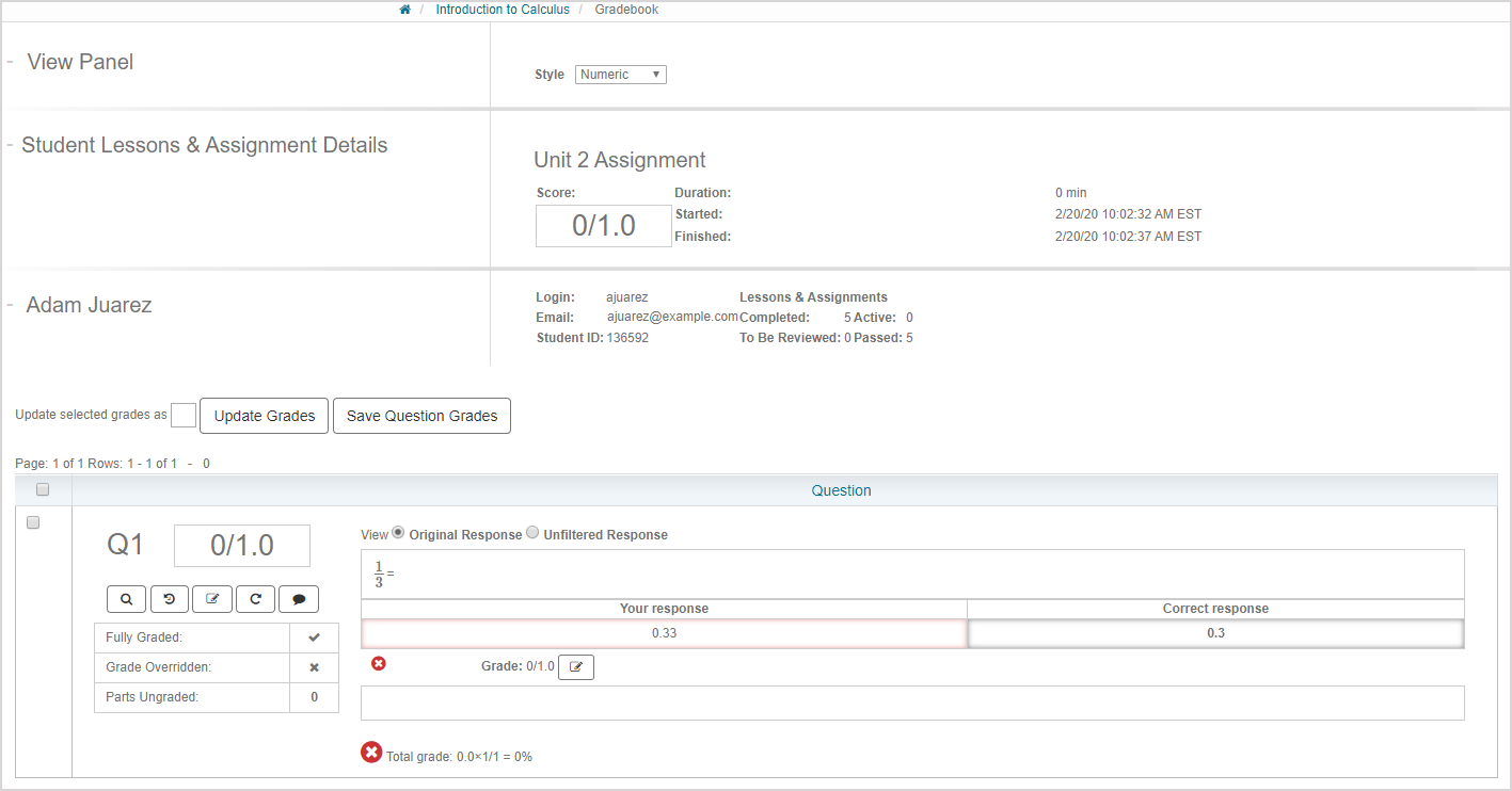 Investigate the student's responses A sample student's grade details are displayed.